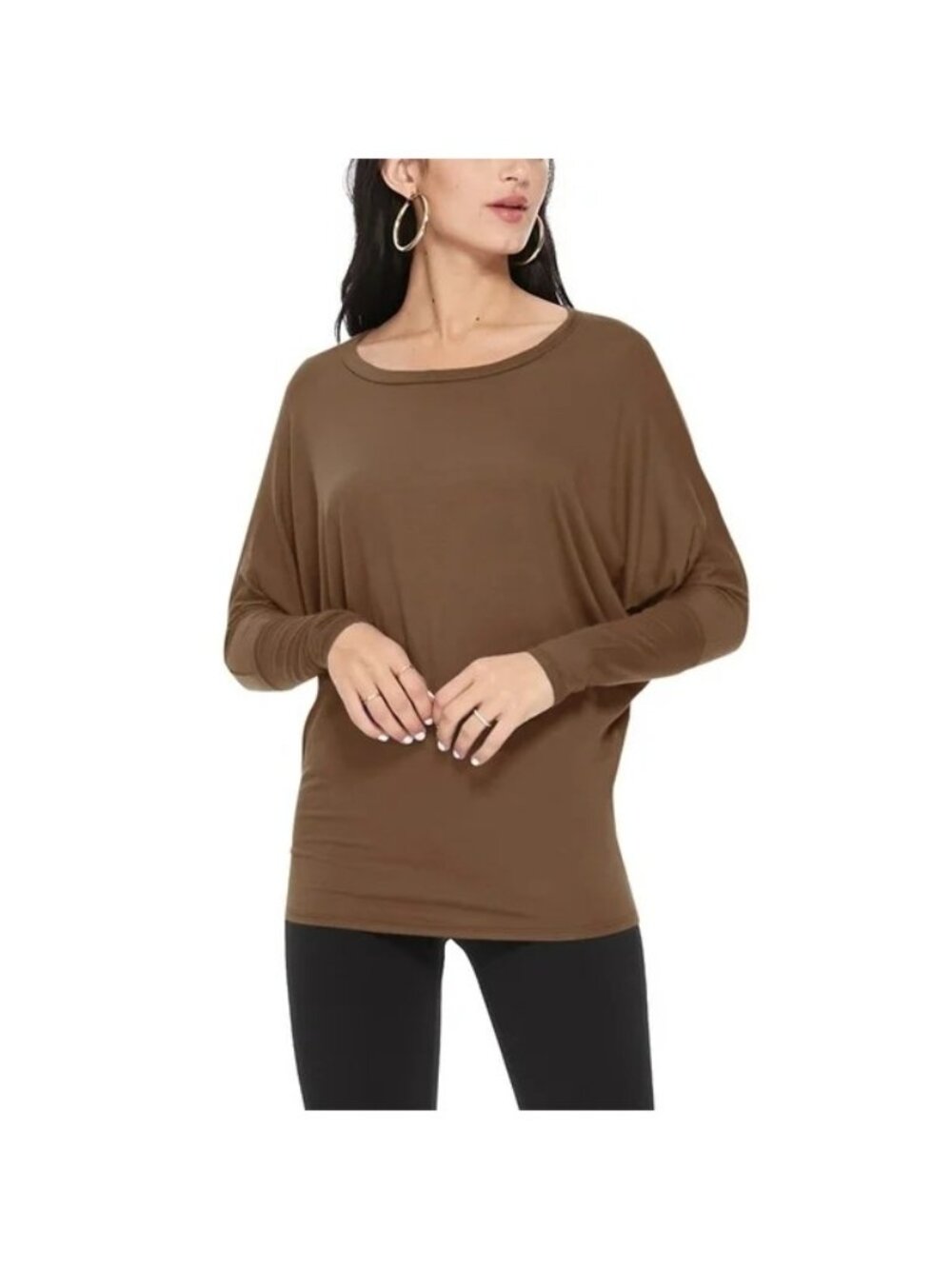 MOA Top Large Essential Dolman Sleeve Boat Neck Pullover Mocha Tan Rayon Neutral